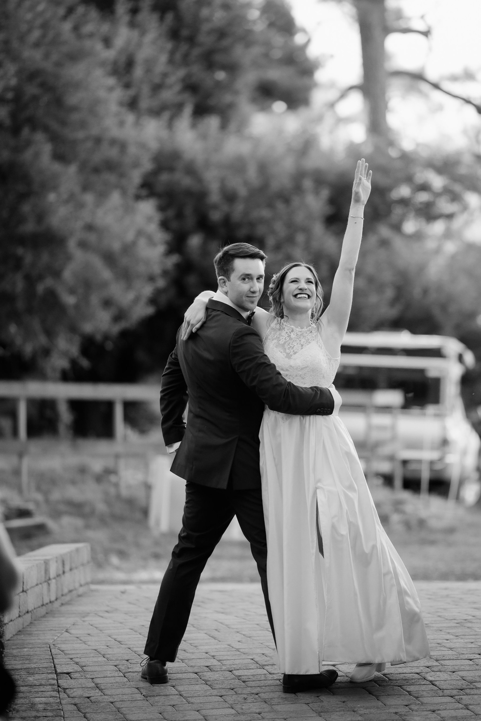 Black and white portrait of Kellie and Jake during reception portraits