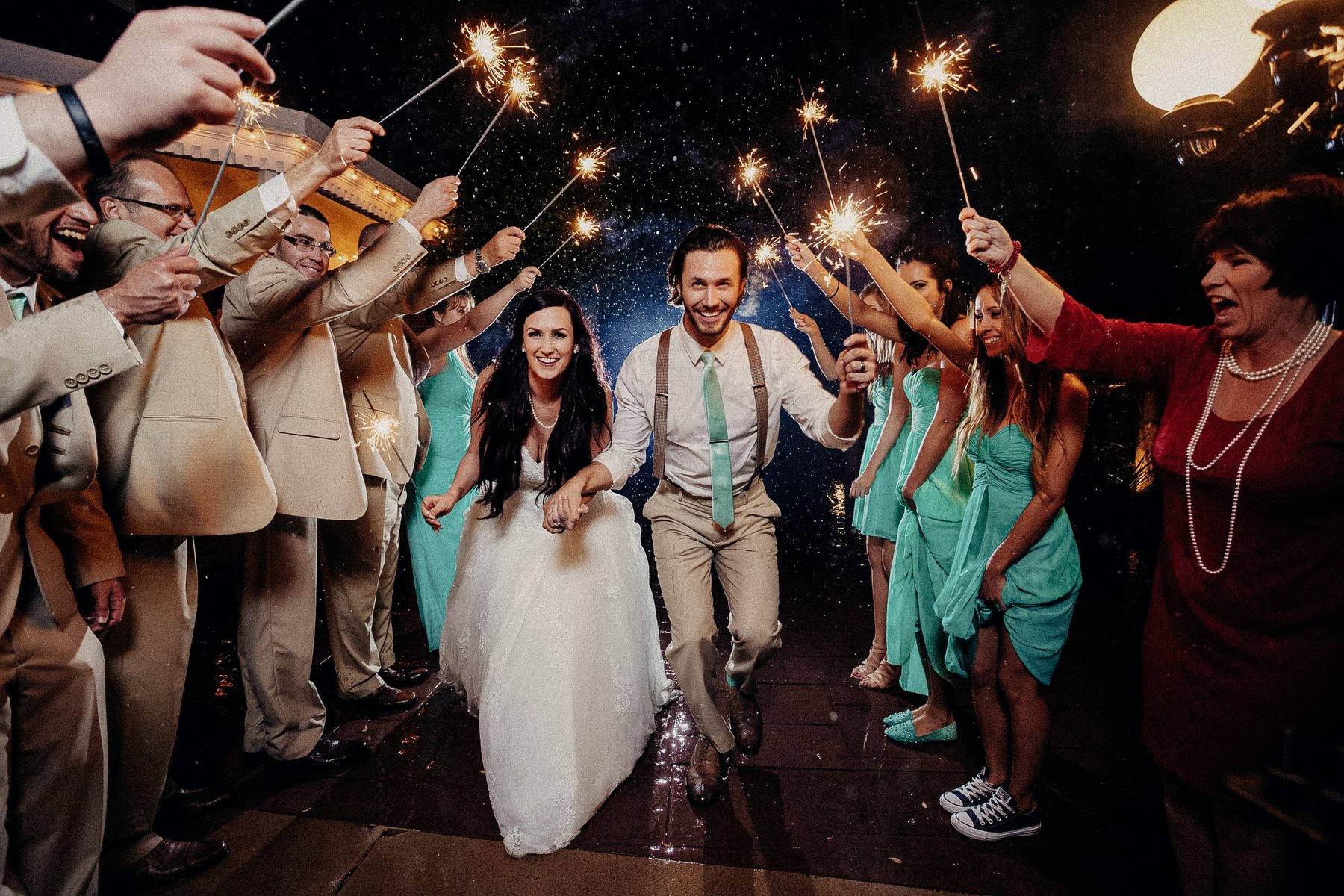 Wedding couple celebrating during a sparkler exit