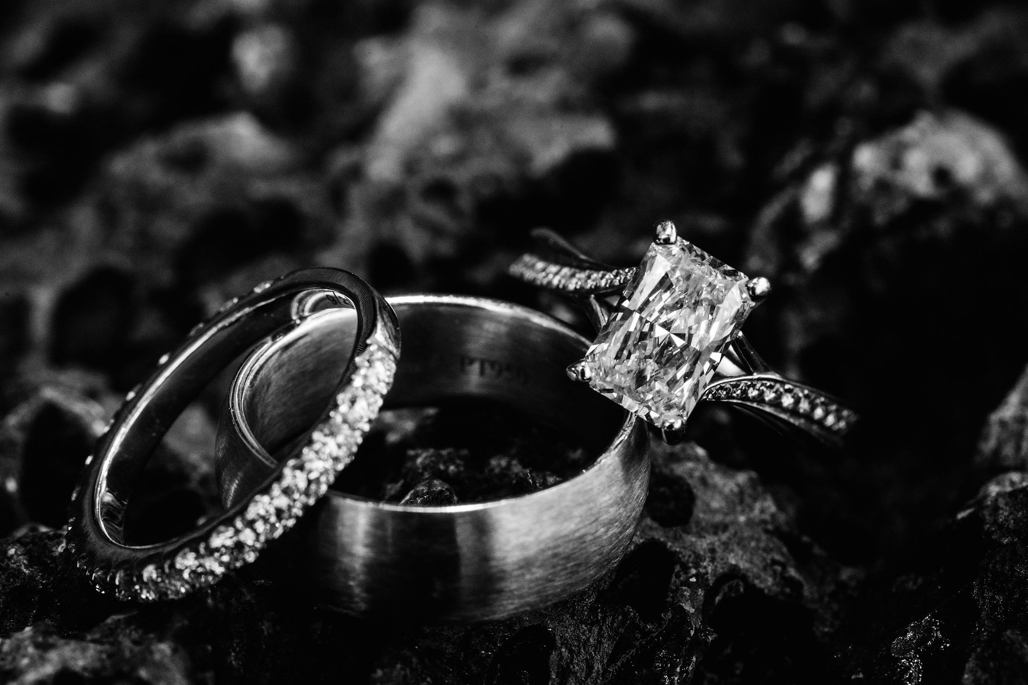Wedding rings photographed in black and white