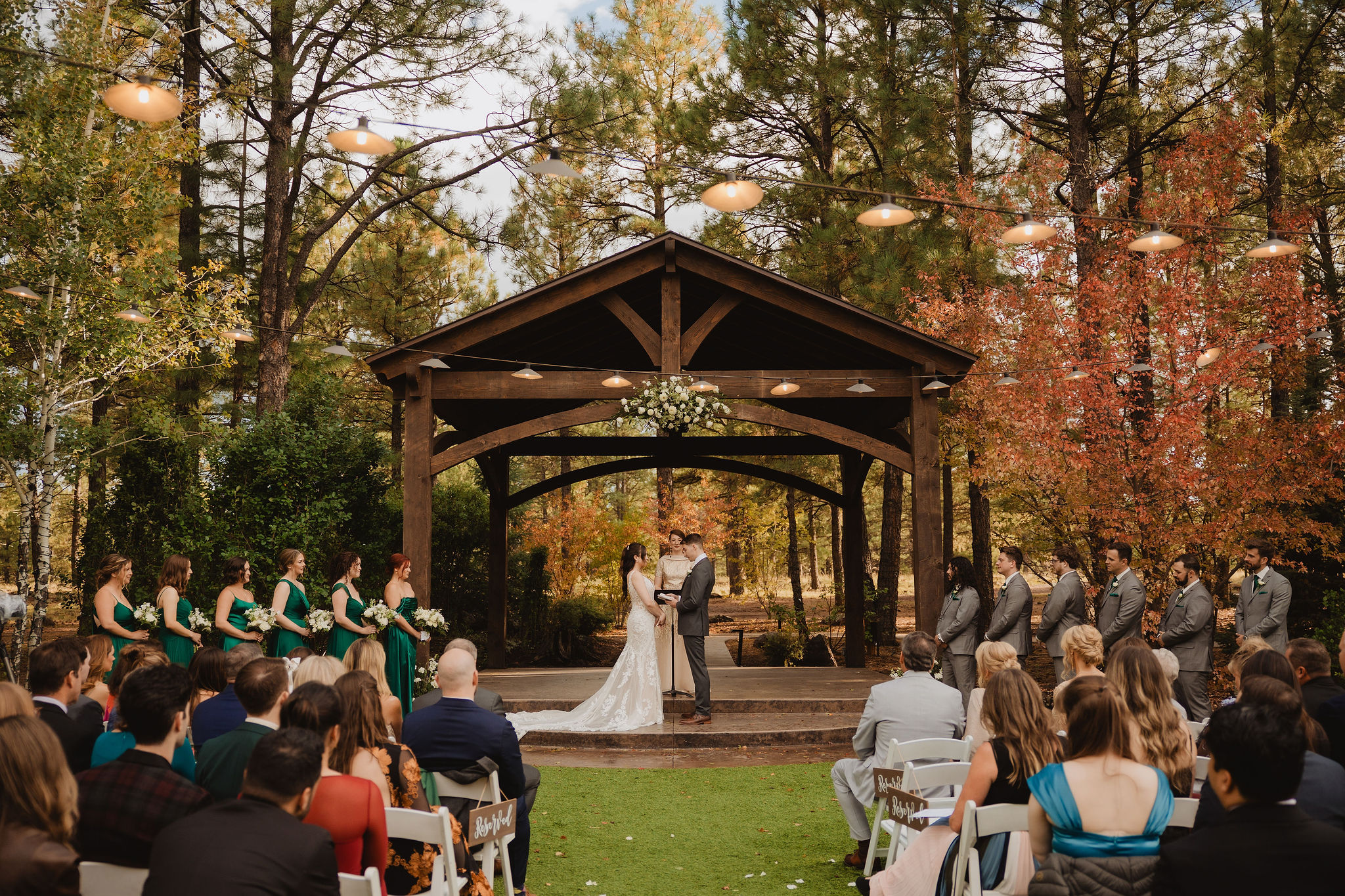 Wide view of Brittney and Trevor’s ceremony in the pines