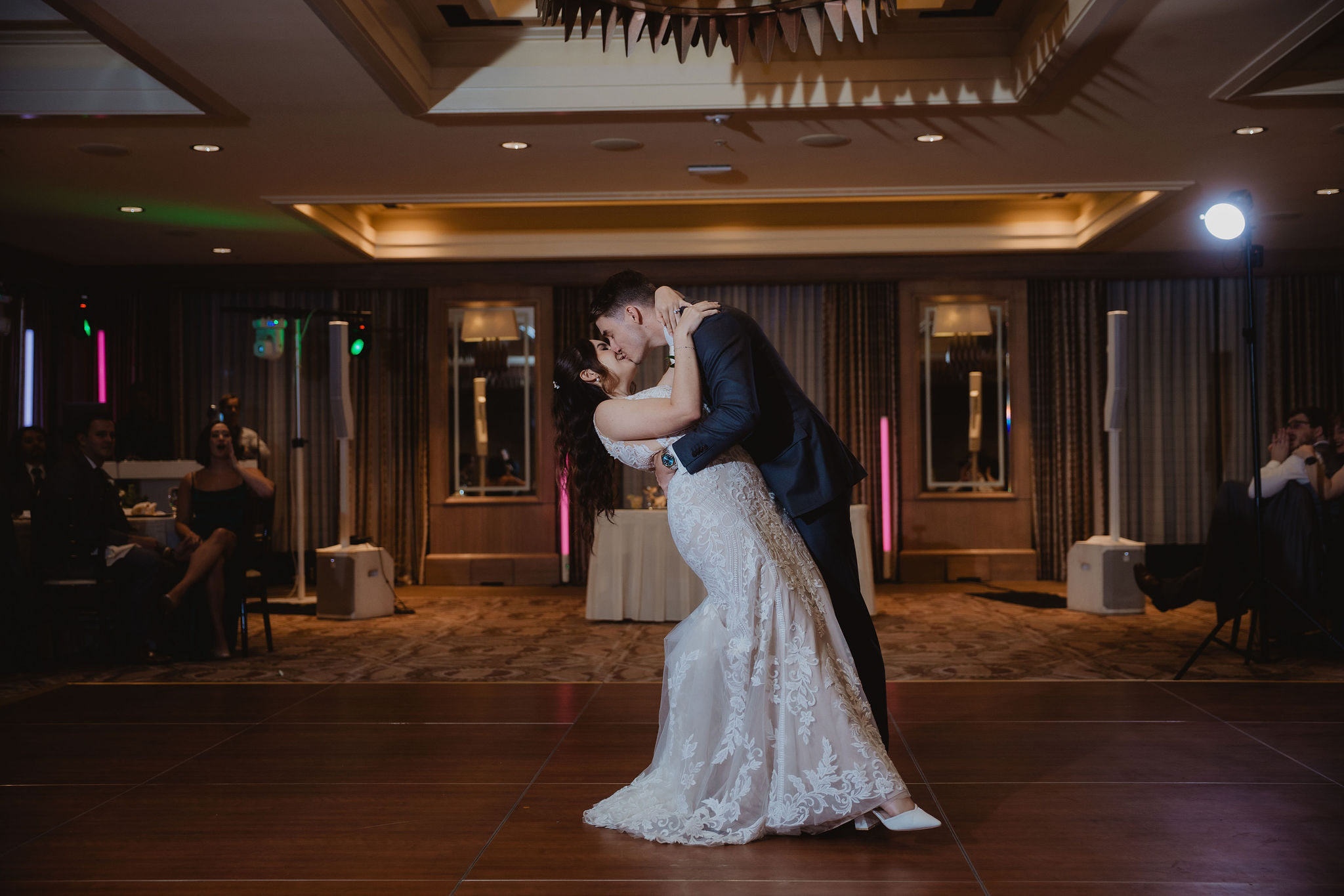 Brittney and Trevor first dance inside Little America Hotel