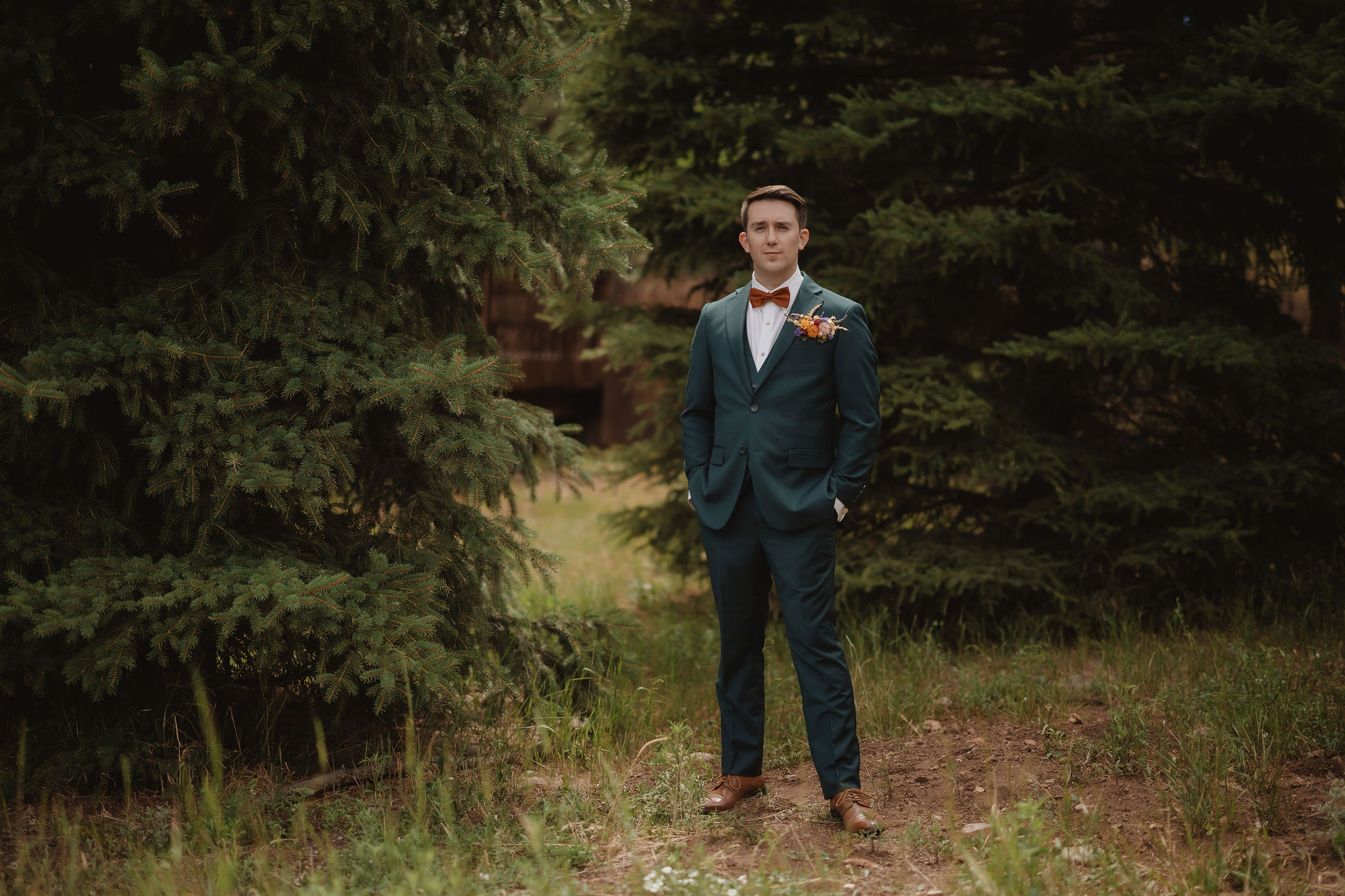Jake in the woods before his Flagstaff wedding ceremony