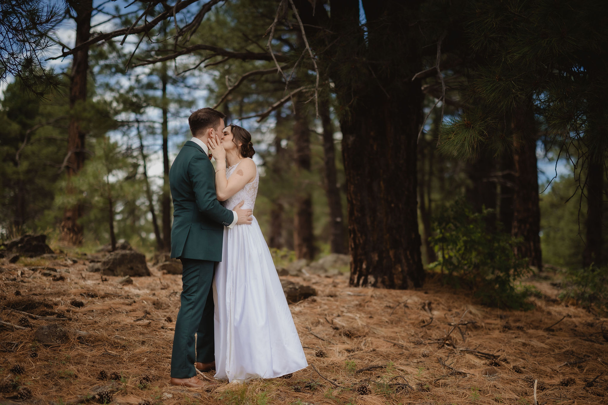 Kellie and Jake wedding portrait among tall trees