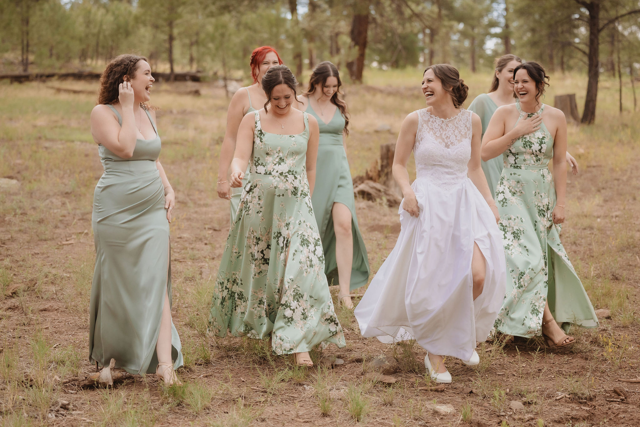 Kellie with bridesmaids in the Flagstaff woods